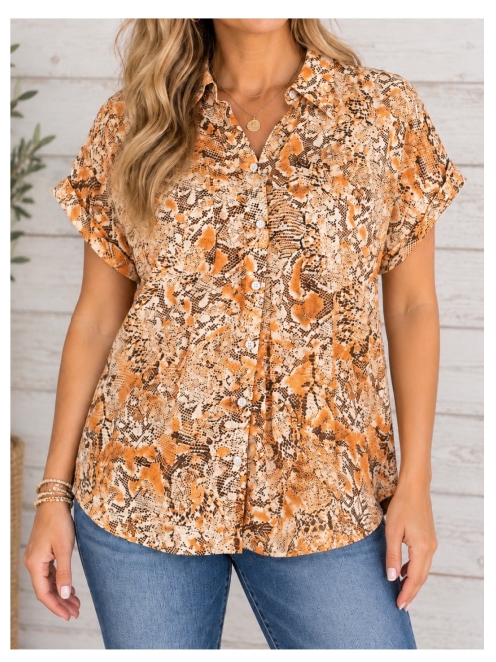 NWT FRYE Button Up Dolman Sleeve Camp Blouse in Orange/Brown Snake Print SMALL